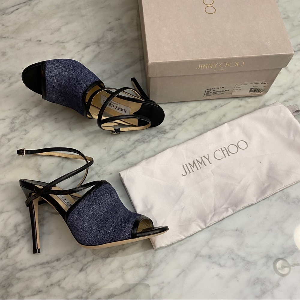 New JIMMY CHOO Flora Leather-trimmed Denim Sandals - Picture 7 of 8